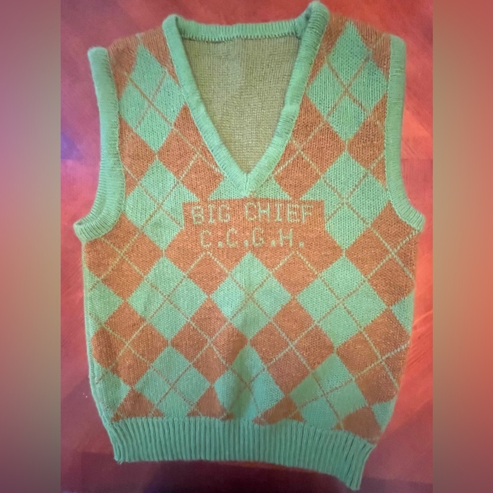 Vintage Handknit Argyle Vest Green Brown LARGE